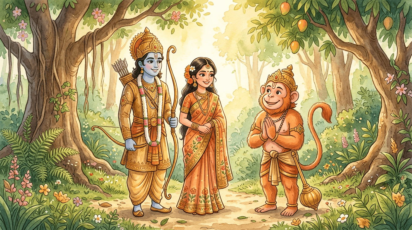 Watercolor illustration of Rama, Sita, and Hanuman