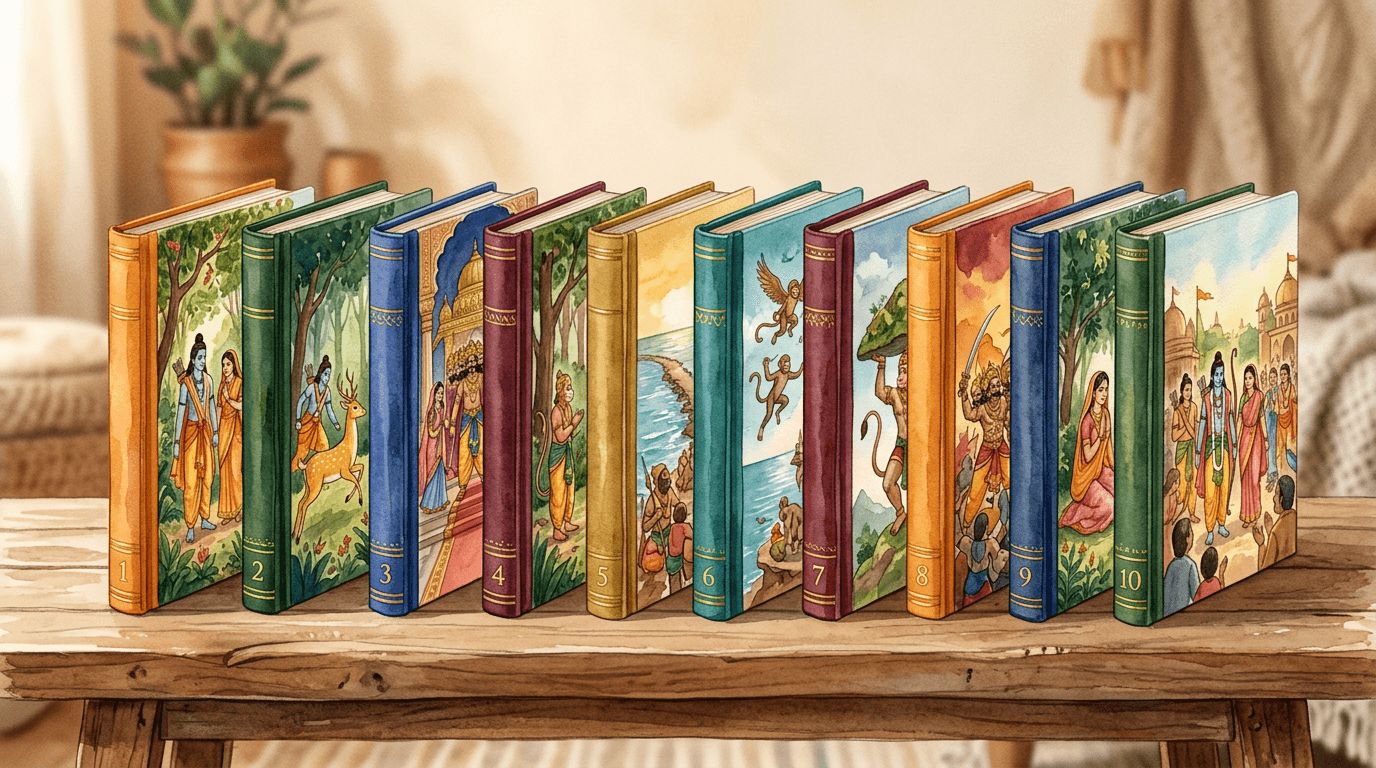 A row of illustrated Ramayana storybooks