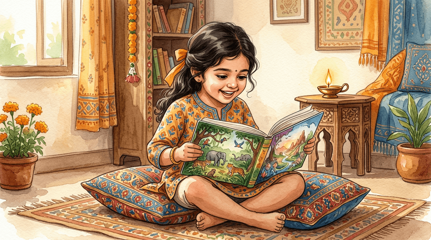 A child reading an illustrated storybook